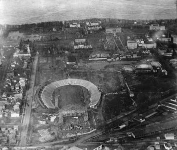 Aerial view of Camp Randall Stadium and construction site of Fieldhouse