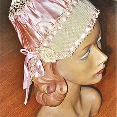 Pink silk satin and lavender crocheted boudoir cap
