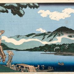 View of the Tamura Ferry Enroute to Oyama in Sagami Province, from a series of Three Landscapes Depicting Pilgrimages to Oyama