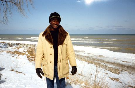 Bodunde Motoni on coast of Lake Michigan