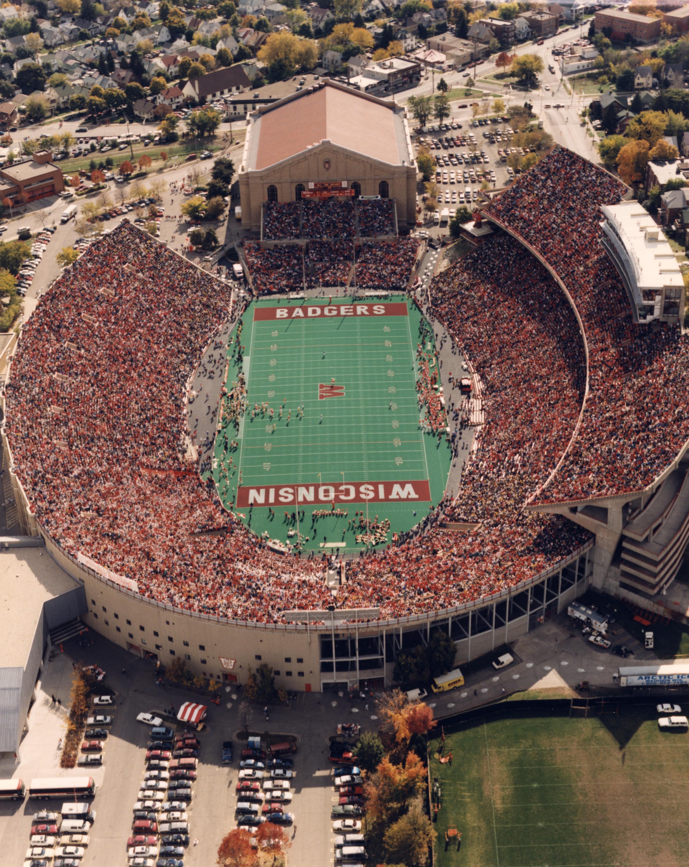 Aerial view of stadium and Fieldhouse - UWDC - UW-Madison Libraries