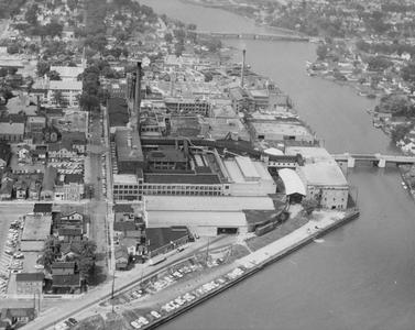 Aerial view of Hamilton Manufacturing Company main plant looking northeast