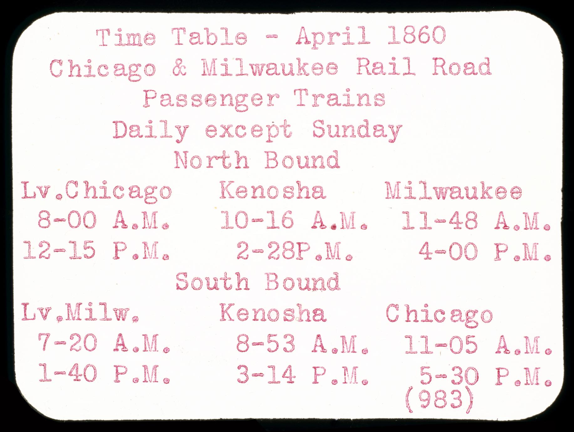 Time table, Chicago and Milwaukee Railroad