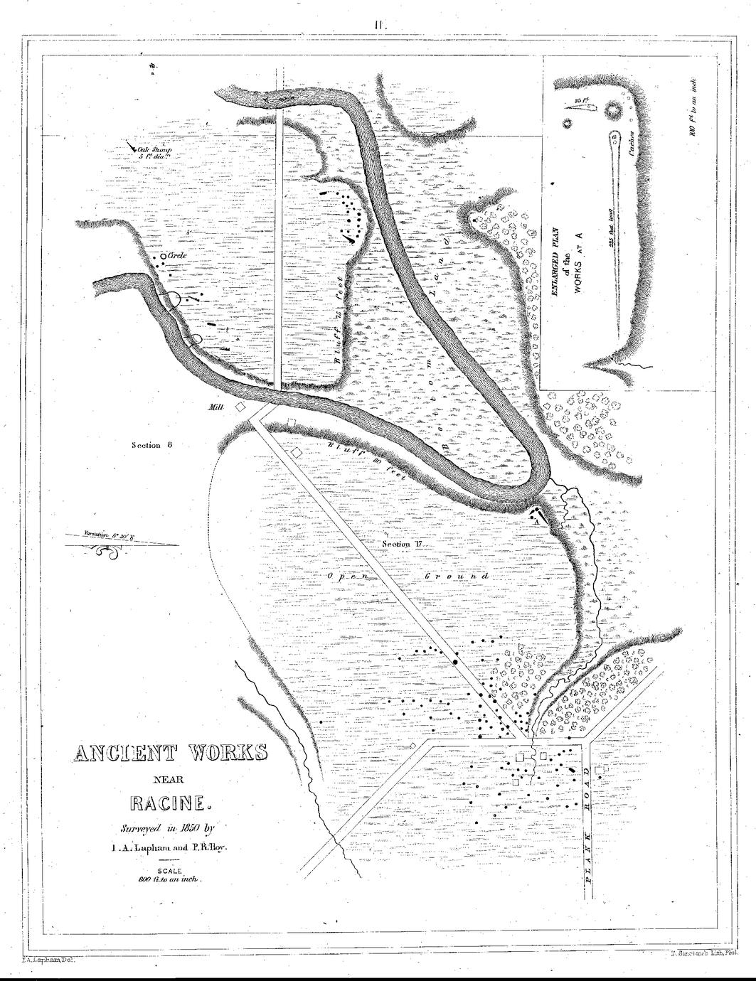 II. Ancient Works near Racine. Surveyed in 1850 by I. A. Lapham and P. R. Roy. Scale 800 ft. to an inch.
