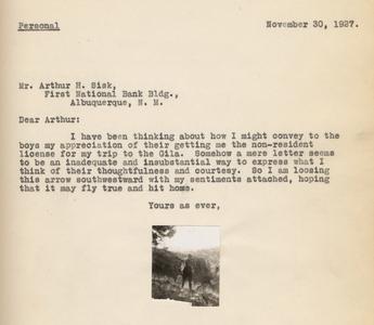 Letter of appreciation to Arthur Sisk, Gila Wilderness, New Mexico, November 30, 1927 (with inset photo)