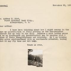 Letter of appreciation to Arthur Sisk, Gila Wilderness, New Mexico, November 30, 1927 (with inset photo)