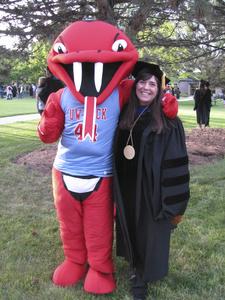 Carmen Wilson and Rocky the Rattler, Commencement, Janesville, 2015