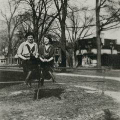 "Camp 49 Pair" sitting on a fence on east lawn of the Wisconsin Mining School