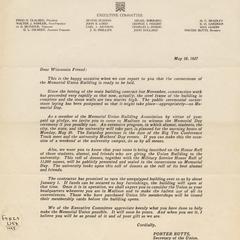 Memorial Union Building Association letter