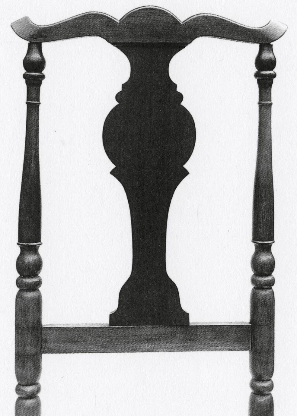 Black and white photograph of the back of a fiddle-back side chair.