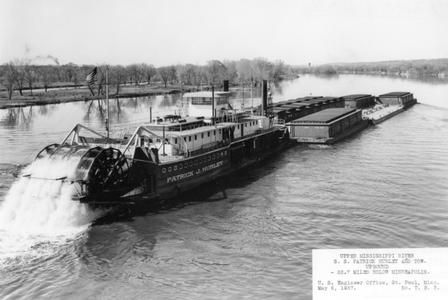 Upper Mississippi River S.S. Patrick Hurley and tow, upbound, 22.7 miles below Minneapolis, U.S. Engineer Office, May 6, 1937. No. T.B. 3