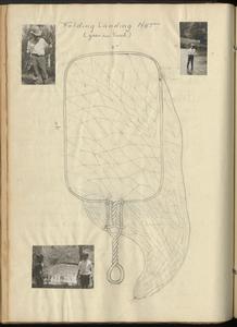 "Folding landing net," journal page with drawing and inset photos, July 1920