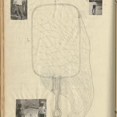 "Folding landing net," journal page with drawing and inset photos, July 1920