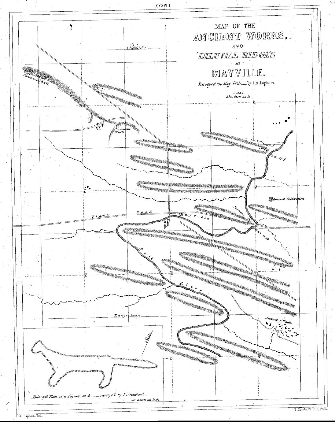 XXXVIII. Map of the Ancient Works, and Diluvial Ridges at Mayville. Surveyed in May 1850,&mdash;by I. A. Lapham. Scale 2500 ft. to an In.