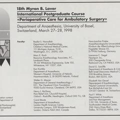 18th Myron B. Laver International Postgraduate Course Perioperative Care for Ambulatory Surgery advertisement