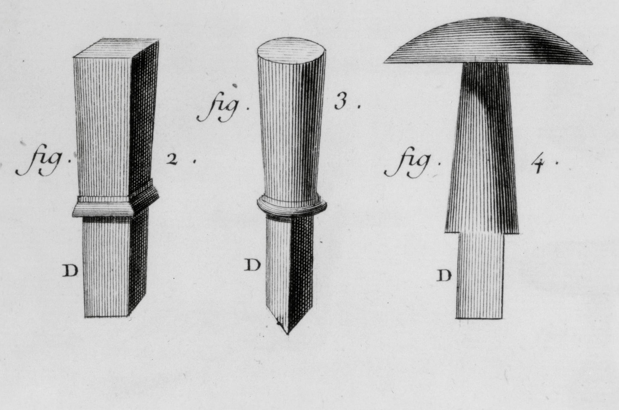 = Black and white photograph of hand anvils or watch stakes.