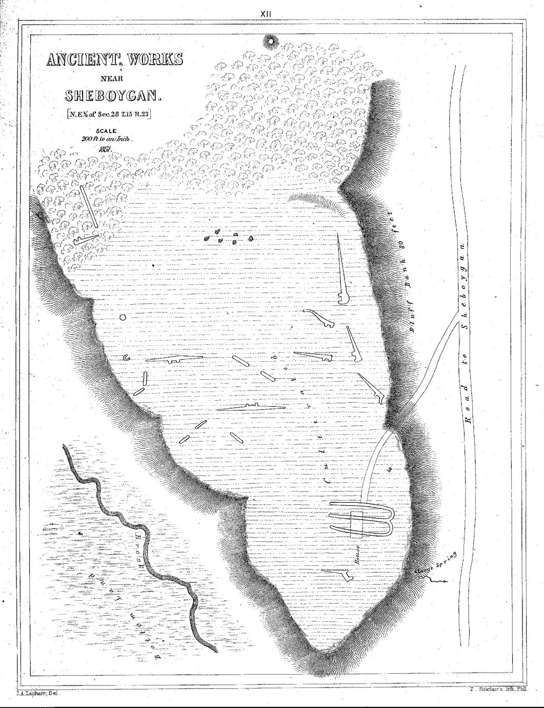 XII. Ancient Works near Sheboygan. [N.E&frac14; of Sec. 28 T.15 R.23] Scale 200 ft. to an Inch. 1851.