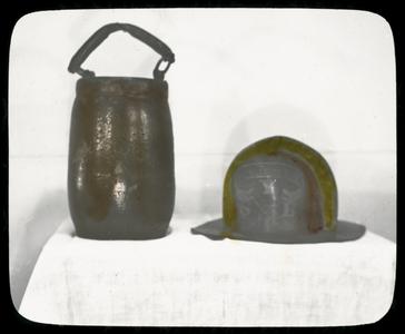 Fire helmet (S. Y. Brande) and leather fire bucket (Peter Pirsch)