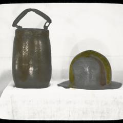 Fire helmet (S. Y. Brande) and leather fire bucket (Peter Pirsch)