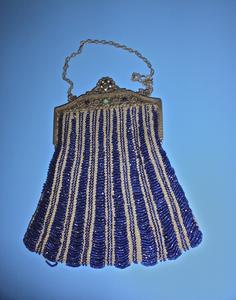 Beaded bag with ecru crocheting and cobalt blue beads