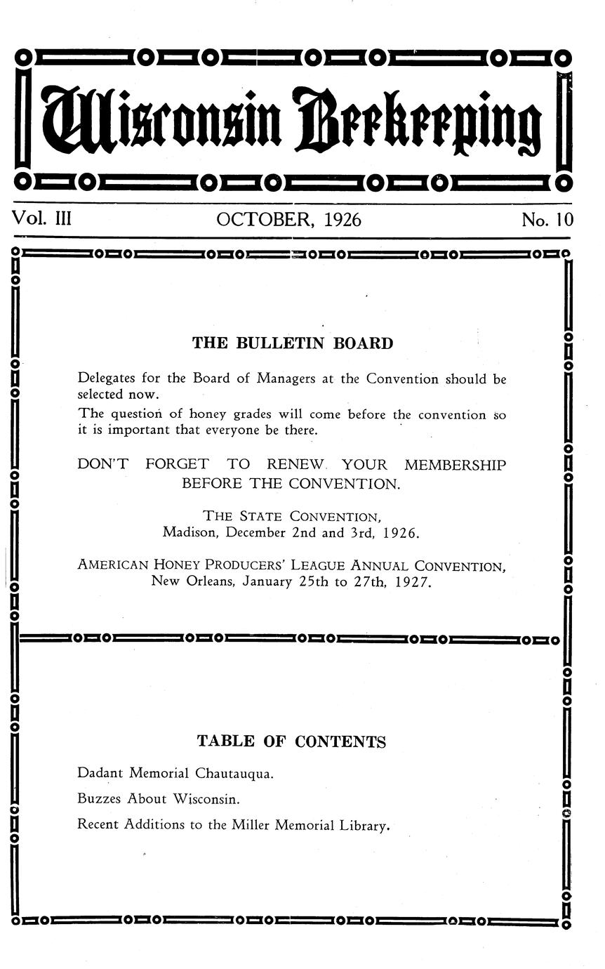 Wisconsin beekeeping Vol. 3 January, 1926/December, 1926 Full view