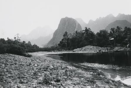 Karst mountains and the Nam Xong River near the town of Vang Vieng in Vientiane Province