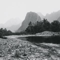 Karst mountains and the Nam Xong River near the town of Vang Vieng in Vientiane Province