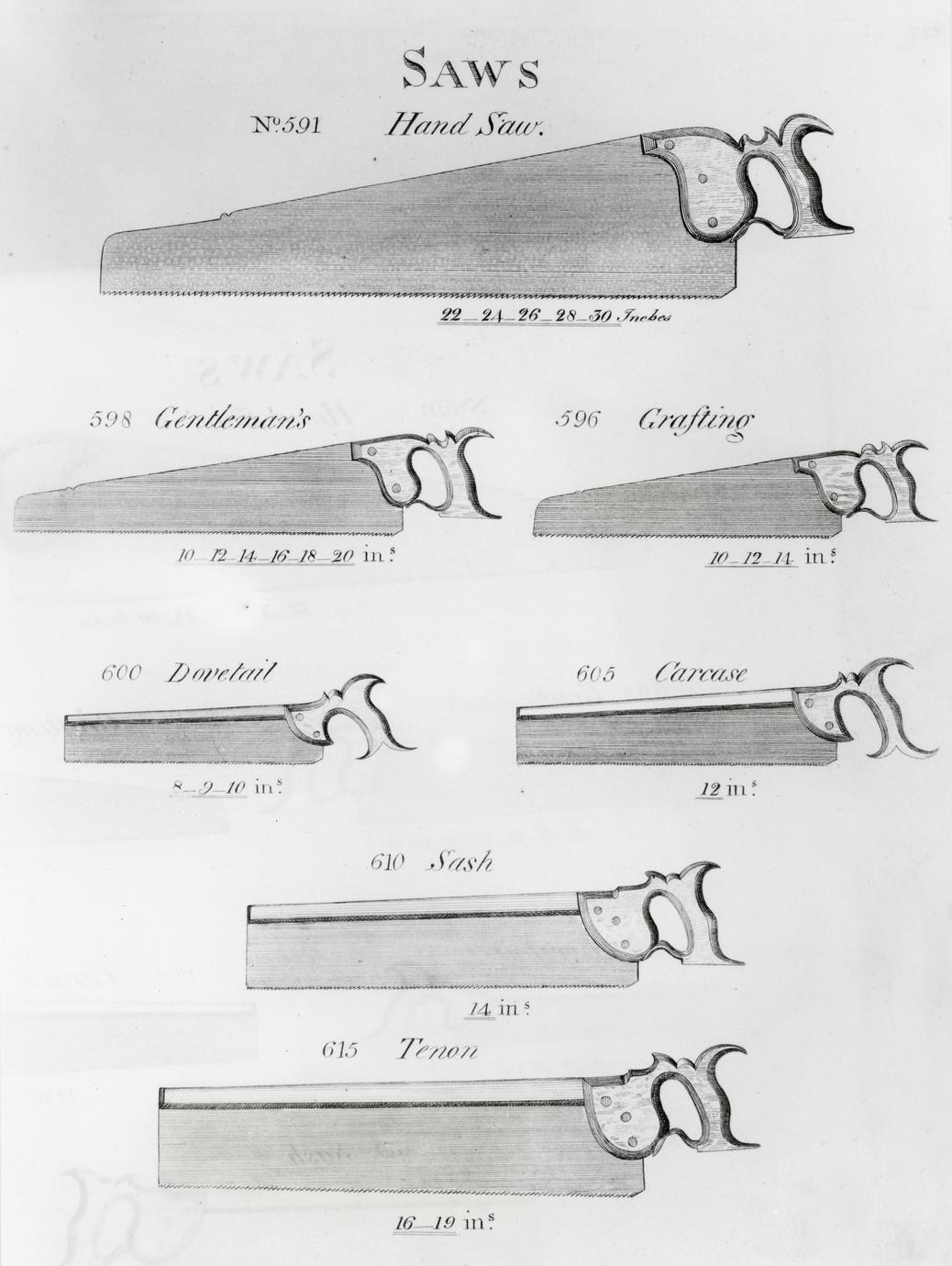 Black and white illustration of various hand saws.