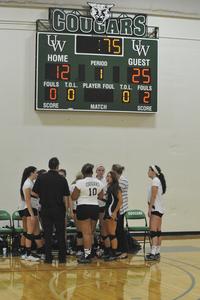 Timeout at a women's volleyball game