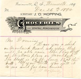 Note from J.O. Hopping to Nathaniel Dominy VII, 1892