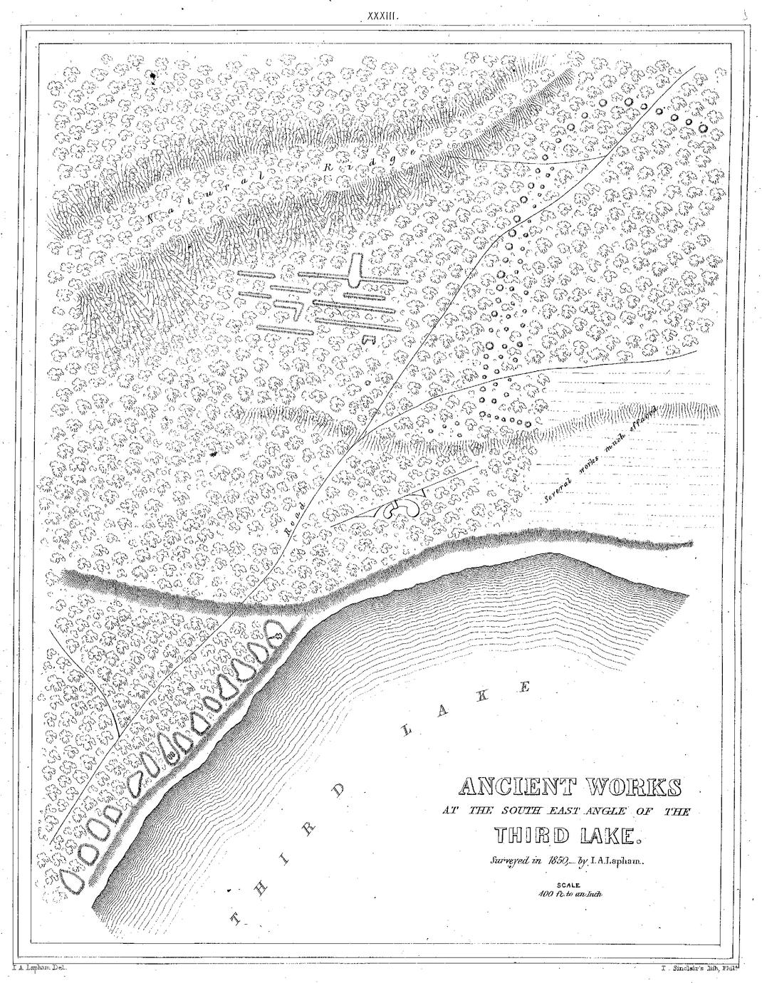 XXXIII. Ancient Works at the south east angle of the Third Lake. Surveyed in 1850,&mdash;by I. A. Lapham. Scale 400 ft. to an Inch