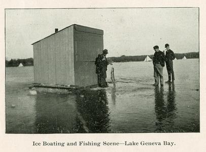 Ice boating and fishing scene
