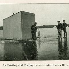 Ice boating and fishing scene