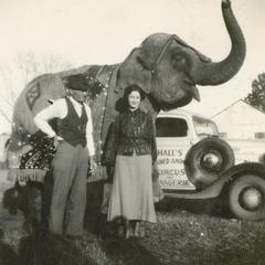 Circus elephant with trainer and woman