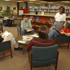 Students socialize in the library