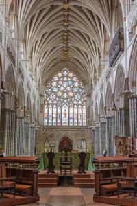Exeter Cathedral interior nave looking towards the great west window.