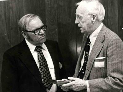 Dean Norbert Koopman and Professor Joseph Hickey at the naming ceremony, 1974