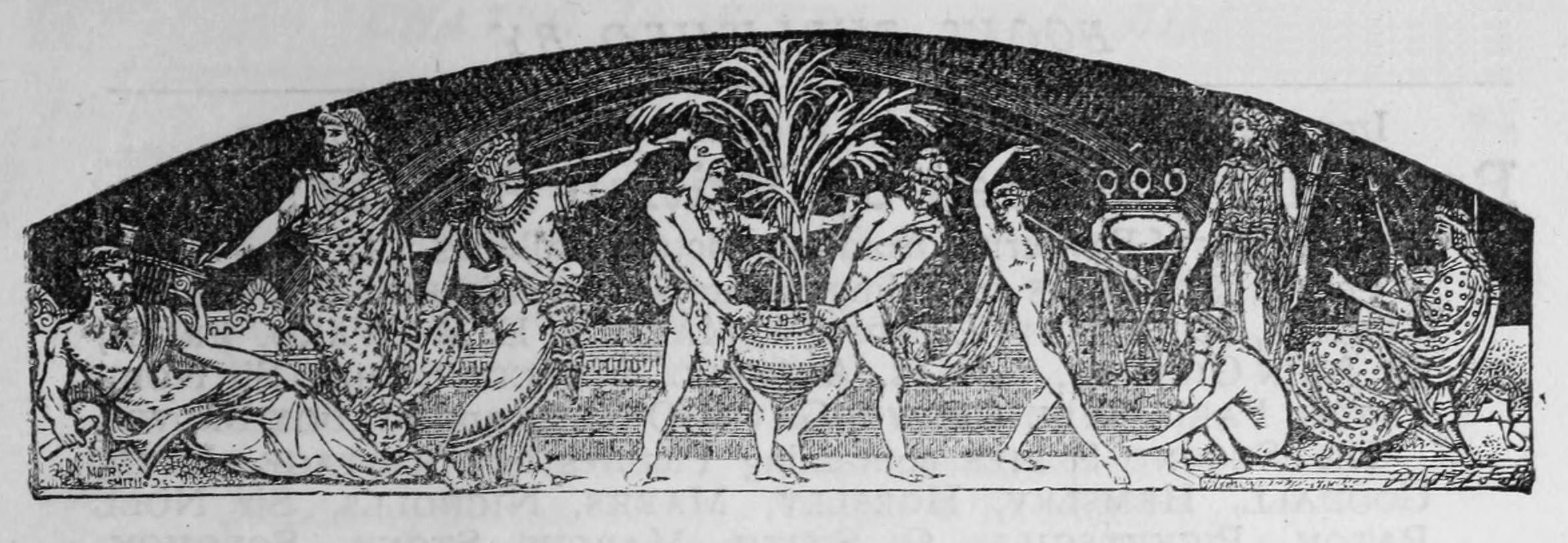 Decorative illustration of nine mythological figures; two in the center holding a large potted plant