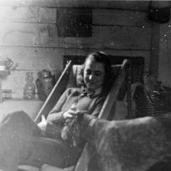 Nina Leopold with Gus inside shack
