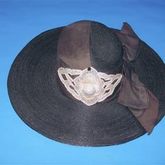 Wide-brimmed black straw hat with bow
