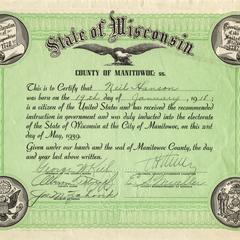 Manitowoc County "new voter" certificate of electorship
