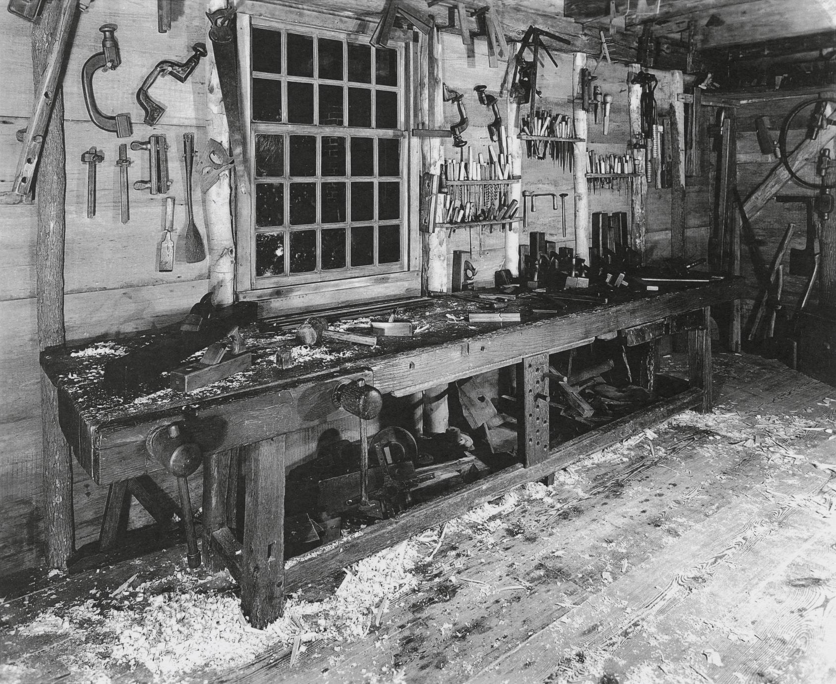 Black and white photograph of one of Dominy's woodworking benches.
