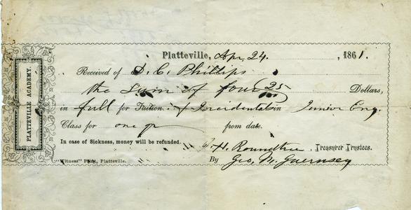 1861 Platteville Academy tuition receipt