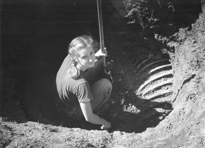 Nancy Rogge digging up elephant bones