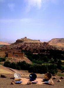 Roadside Pottery with View of  Fortified Town of A∩t Benhaddou in the High Atlas