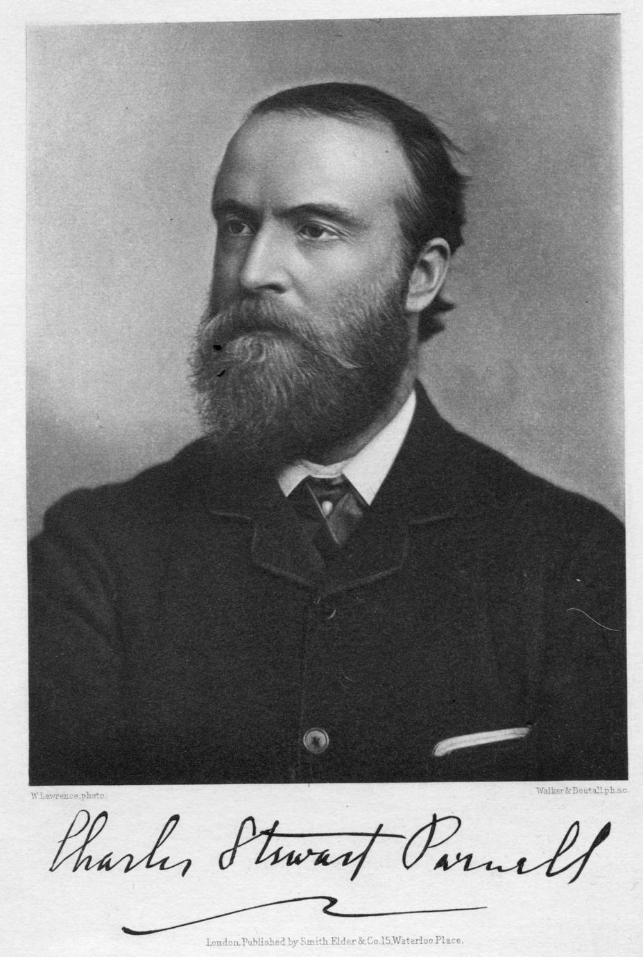 Photograph of Parnell, with an image of his signature beneath: Charles Stewart Parnell
