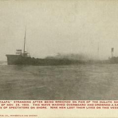 Steamer Mataafa stranding after being wrecked on pier of the Duluth Ship Canal during the great storm of Nov.28, 1905. No. 355