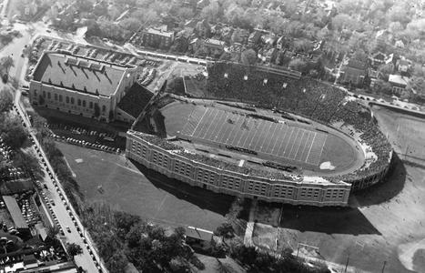 Aerial view of Camp Randall Stadium and Fieldhouse