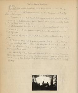 "The loon island decalogue," journal entry from Quetico trip, June 1924 (inset photo and humorous text)