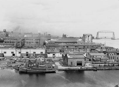 Harbor view of Marine Iron and Shipbuilding shipyard and Aerial Lift Bridge